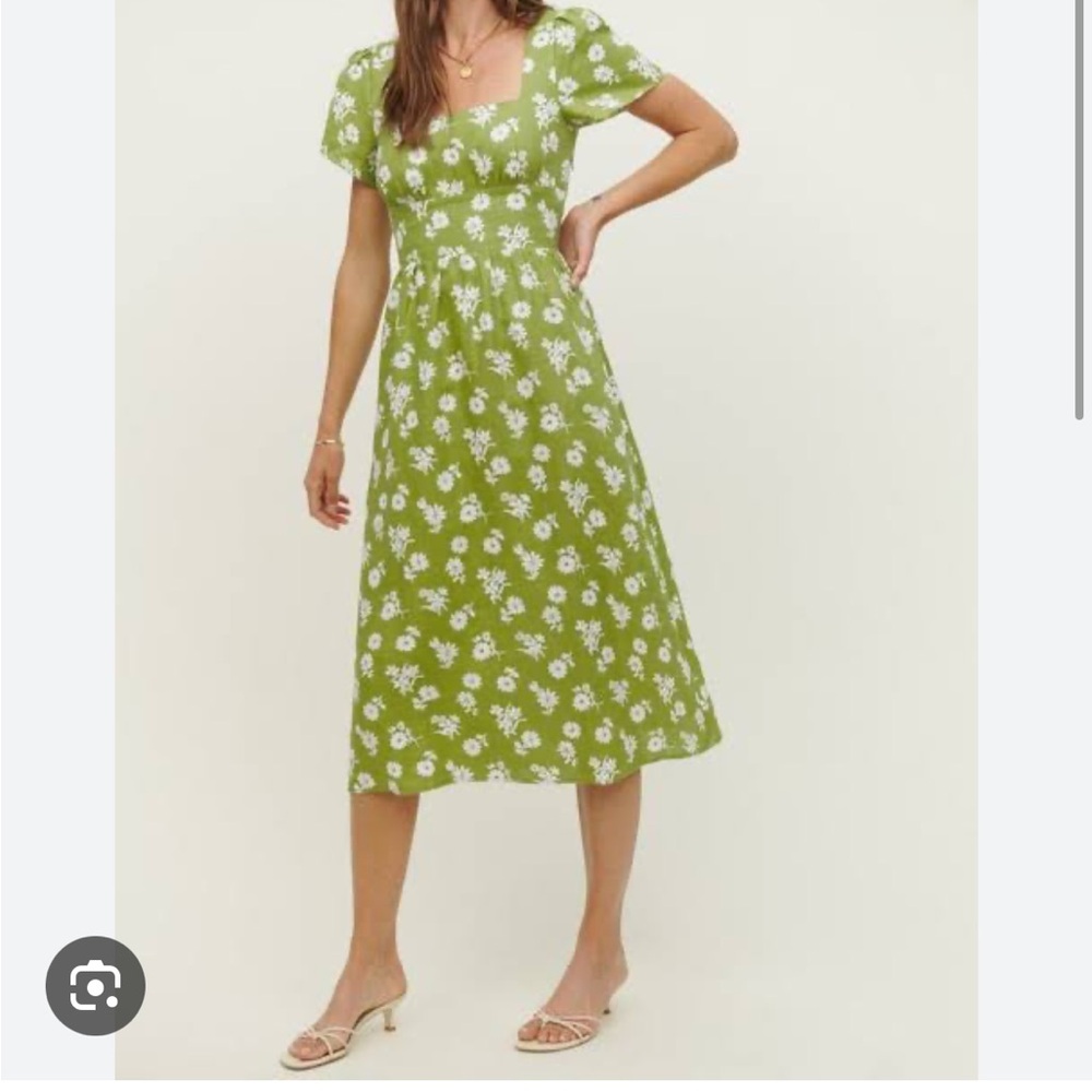 Reformation Pacome Linen Green Floral Dress sz2